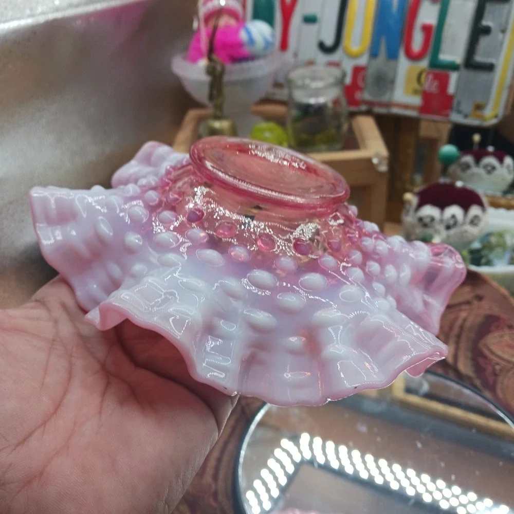 Vintage Fenton Pink Cranberry Opalescent Hobnail Ruffle Votive Bon Bon Dish 6